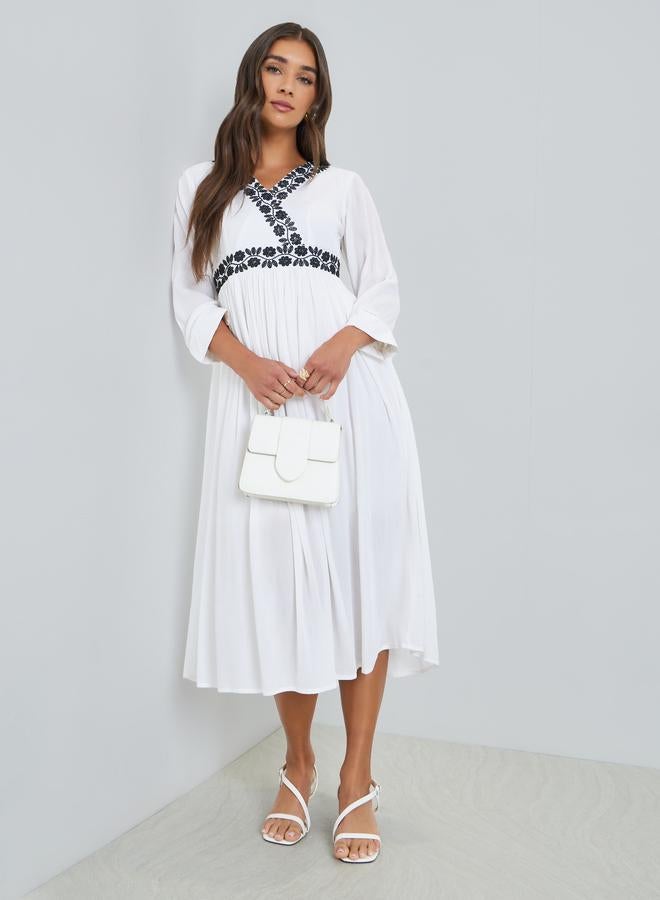 Styli Women White Embroidery Lace A-Line Midi Dress - Image 5